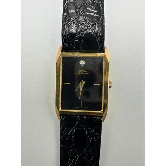 Vintage Jaques Prevard Tank Watch Women Gold Black Embossed Leather Band 8.5" - Picture 1 of 12